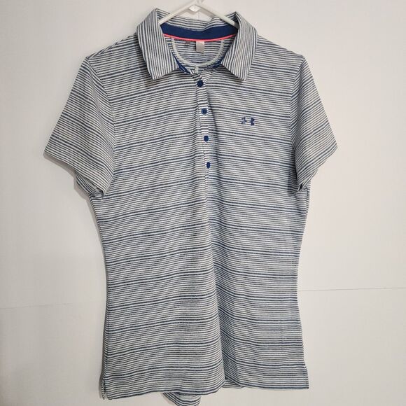 Under Armour Zinger Women's Golf Shirt Short Sleeve Striped Blue White Sz Large - Picture 1 of 6